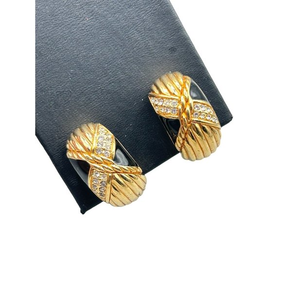 Vintage Signed Swarovski Clip On Earrings Gold Tone and Enamel with Crystals - Picture 1 of 9